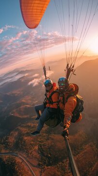 Two adventurers enjoying a thrilling tandem paragliding flight above a scenic mountain landscape
