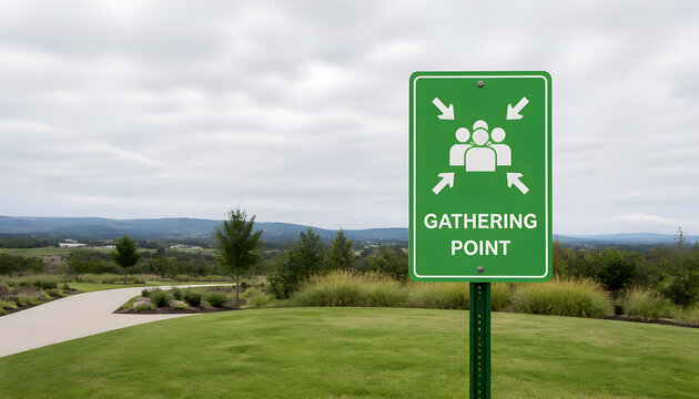 Emergency assembly gathering point sign outdoors with green landscape background
