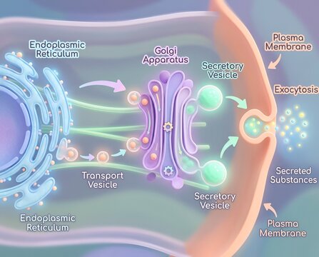 Educational diagram of cellular processes showing the Golgi apparatus, transport vesicles, endoplasmic reticulum, and exocytosis mechanism