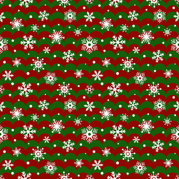 Festive seamless Christmas pattern with white snowflakes on a red and green background, ideal for wrapping paper, fabric, textile, stationery, and holiday designs.