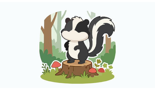 Cute Skunk Standing on Tree Stump Cartoon Forest Vector Illustration