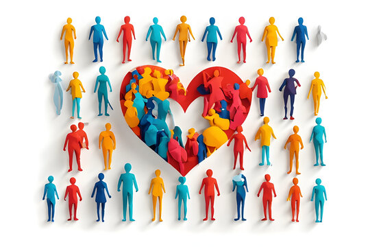 Paper craft diversity figures surrounding a central red heart symbolizing unity, community, and social inclusion