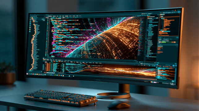 Curved ultra-wide monitor showing elegant dark code interface with glowing cyan syntax, cinematic lighting on minimalist desk, negative space perfect for tech banner advertising