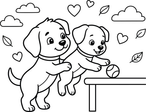 Cute Puppies Reaching For Ball On Table Coloring Page Illustration