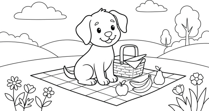 Cute Puppy Sitting On Picnic Blanket With Basket Coloring Page Illustration