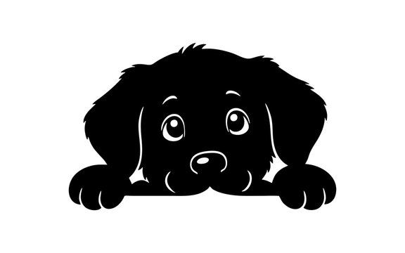 Adorable black puppy cartoon character peeking over a white background, creating a playful design for pet lovers, children&rsquo;s products, stickers, clothing, packaging, and social media graphics.