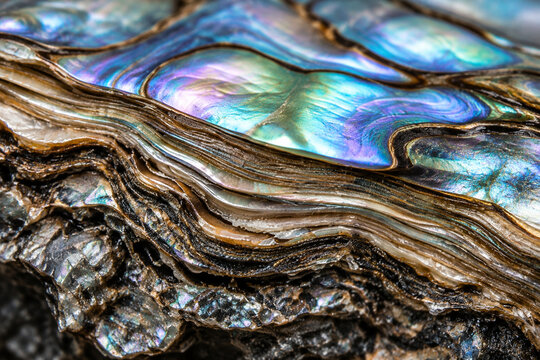 Iridescent raden shell layers with luminous nacre texture