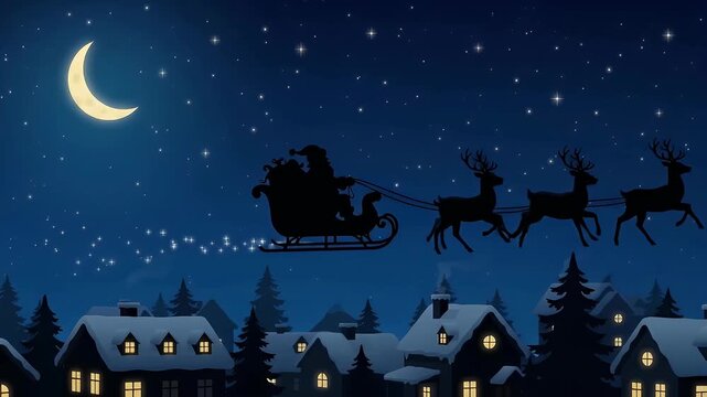 Santa sleigh flying across starry night sky with moon over snowy village houses