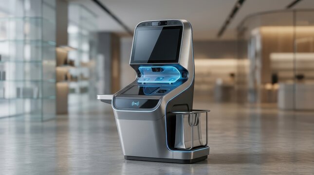 Futuristic self-service kiosk with digital touchscreen, modern automated retail terminal in a corporate lobby, sleek silver interactive machine