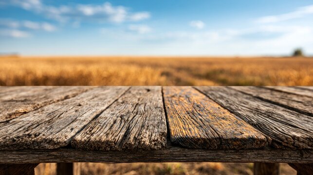 Rustic wooden table foreground rustic field background