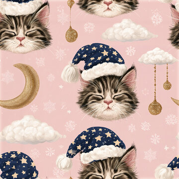 Sleepy kitten faces wearing star patterned nightcaps resting with clouds, moon, and golden ornaments on pink background