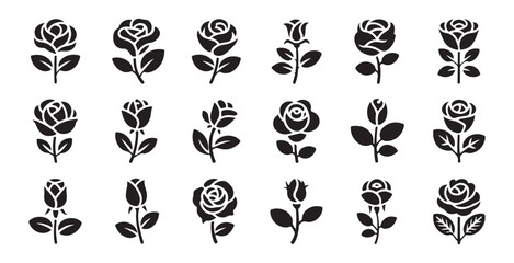 Obraz premium Collection of black rose icons and silhouettes for graphic design and decoration.