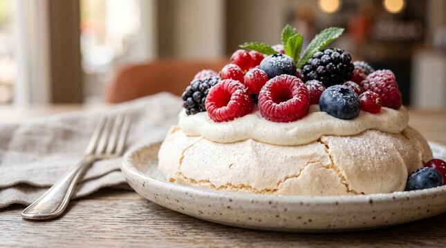 Mini Pavlova cake topped with fresh raspberries, blueberries, and whipped cream