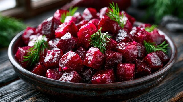 Diced cooked beetroot salad with dill garnish