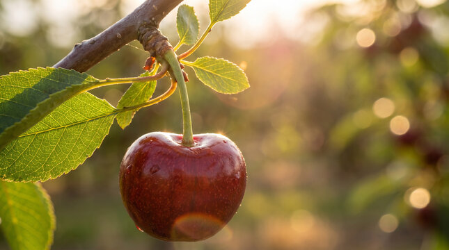 Ripe cherry on tree branch at golden hour
