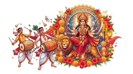 Fototapeta premium Durga Puja illustration with Goddess Durga on lion and traditional drummers