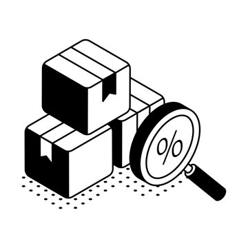 An isometric inventory analysis scene combines stacked boxes, a gauge, and a magnifier, representing stock review, quantities, and business monitoring.