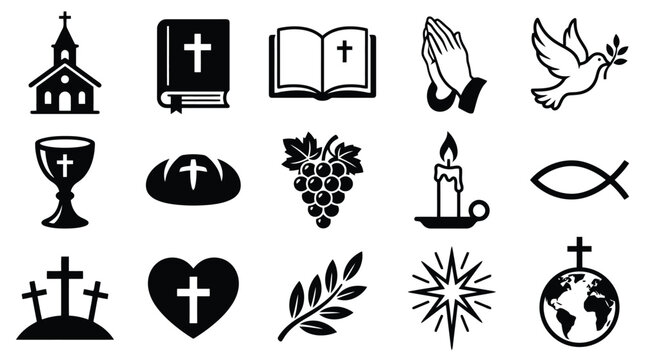 Christian religious icons set, 15 black church symbols and spiritual vector elements, holy bible and crucifix graphics for worship and faith