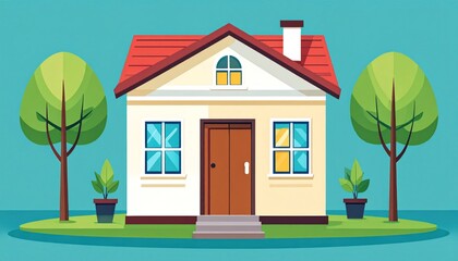 Fototapeta premium A flat vector illustration of a cozy suburban house with trees.