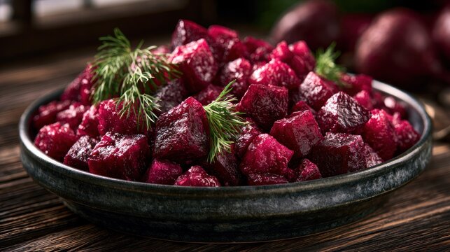 Cubed beet salad with dill garnish