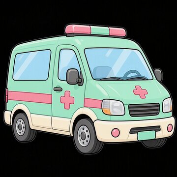 Cute Flat Design Illustration of Colorful Ambulance Van, Cartoon Emergency Vehicle Icon Isolated on Black Background
