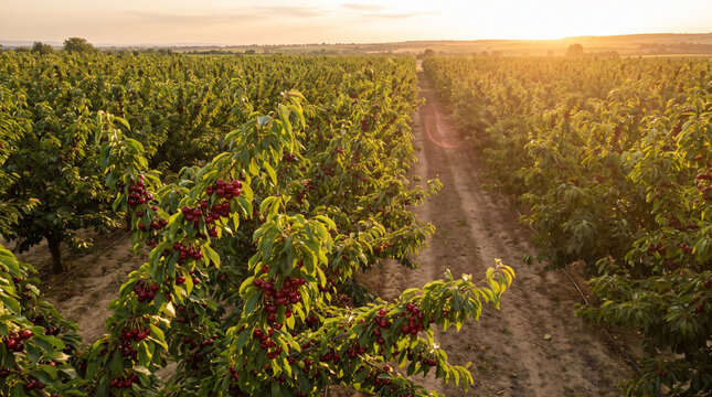 Cherry orchard rows at sunset