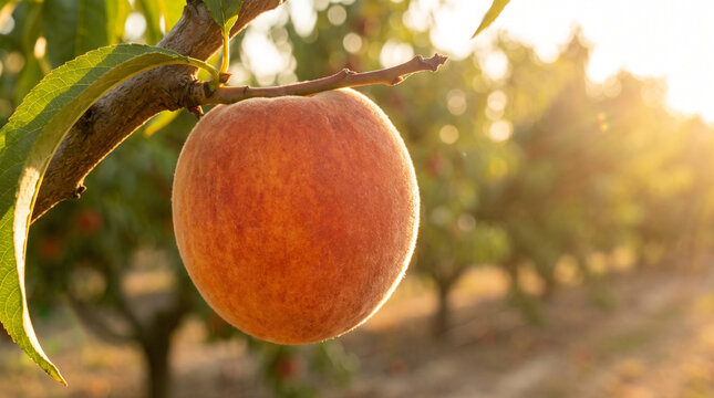 Ripe peach on tree branch at golden hour