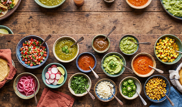 various vibrant salsas and toppings in small, artisanal bowls, with a subtly blurred background of a full taco bar, warm, inviting light	
