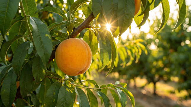 Ripe peach on tree in orchard at sunrise