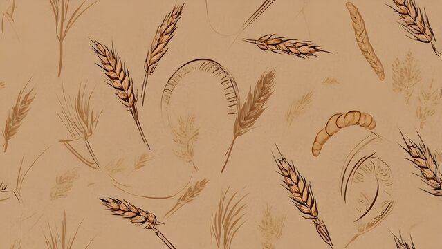 Seamless pattern with hand-drawn wheat, barley, and grain sketches on a rustic brown background. Organic harvest texture.