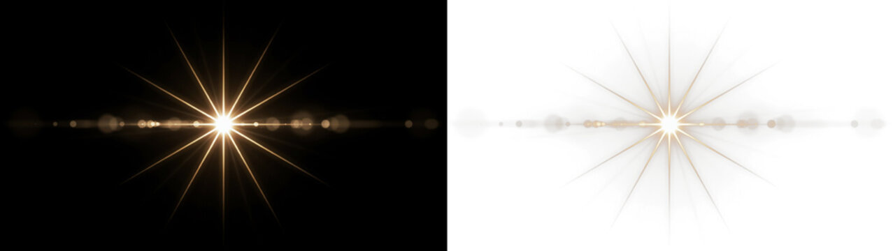 Bright golden starburst light flare with horizontal bokeh effect, glowing sun flare optical element on black and transparent background