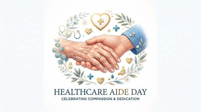 Healthcare aide day illustration featuring caring handshake between healthcare worker and elderly person