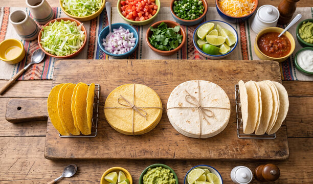 different taco shell varieties (hard, soft, corn, flour) ready for filling, neatly stacked, with a blurred background of taco bar condiments, 