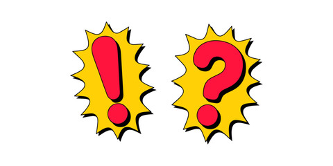 Exclamation Question Marks, colorful comic burst symbols for surprise, confusion, warning, reaction, curiosity and expressive graphic designs © Tania