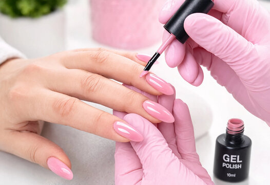 Pink gel polish applies to a manicured nail
