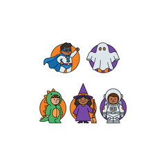 Fototapeta premium Set of cute diverse children wearing various colorful Halloween costumes for trick or treat.