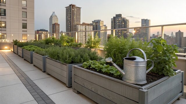 Urban rooftop garden featuring raised planter boxes full of green plants, showcasing city gardening, sustainability, and modern urban lifestyle inspiration.