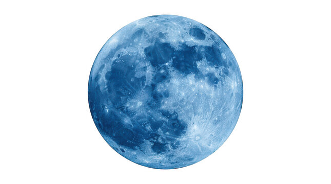 Full moon with detailed lunar surface texture, glowing in a deep blue hue, isolated on transparent background