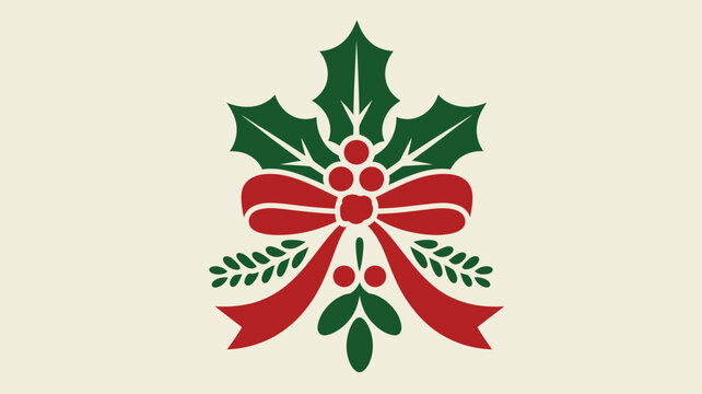 Christmas holly berry branch with red ribbon bow vector illustration, festive holiday decorative element for greeting cards and seasonal design projects