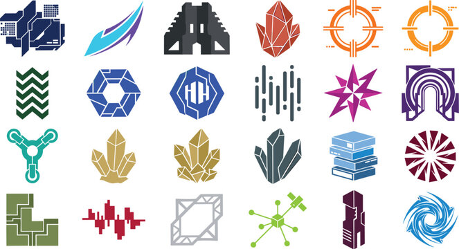 Abstract geometric sci fi game asset icon set featuring futuristic tech symbols crystals portals targets and UI design elements vector,