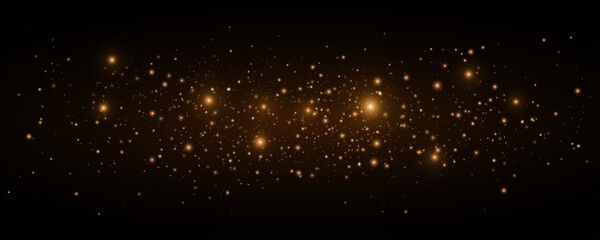 Obraz premium Golden magical lights with glowing bright particles on black background. Orange glittering dust for holiday, fantasy visuals or Christmas decorations. Vector illustration.