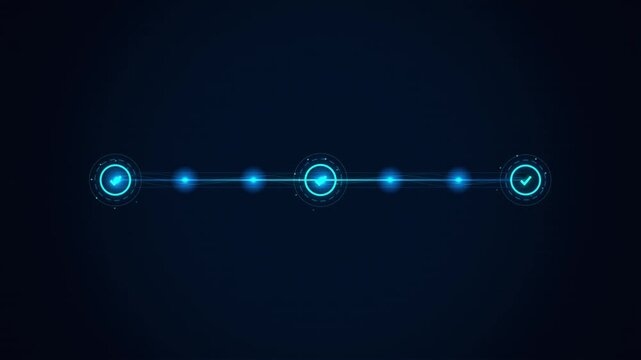 Futuristic digital progress bar with glowing blue checkmarks, abstract technology timeline infographic, business milestone tracker animation