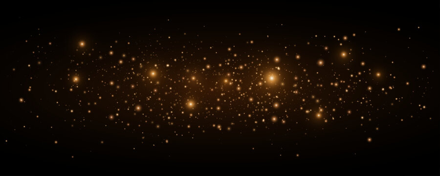 Golden magical lights with glowing bright particles on black background. Orange glittering dust for holiday, fantasy visuals or Christmas decorations. Vector illustration.