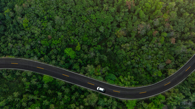 Aerial view of dark green forest road and white electric car Natural landscape and elevated roads Adventure travel and transportation and environmental protection concept	
