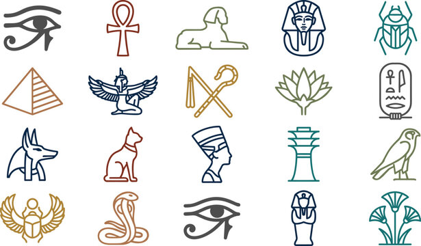 Ancient Egypt minimalist outline icon set featuring pharaoh pyramid sphinx eye of horus anubis scarab and culture vector elements collection,