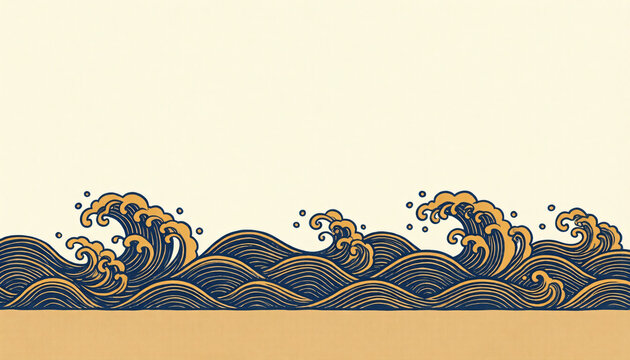 Indigo and Gold Wave Bottom Border Illustration on Cream Background