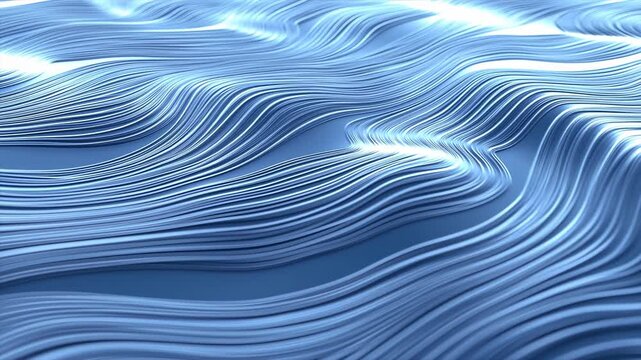 Layered blue contour lines undulate and drift across a smooth abstract surface, forming flowing ridges and valleys while bright white highlights sweep through the curved pattern
