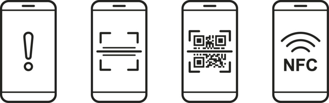 Smartphone scanning and contact pay technology line icon set featuring barcode reader qr code nfc and alert notification interface.eps