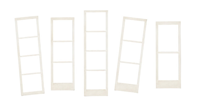 Set of five empty vertical photo booth film strips isolated on transparent background