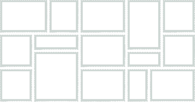 Blank postage stamp frames template set for photo collage postal mail philately collection background layout